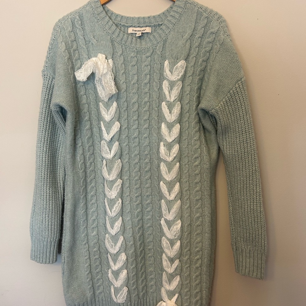 Francesca's Light Blue Cable Knit Sweater Dress White Lace Accents Women’s Small